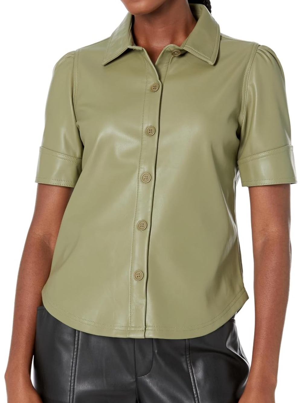 Steve Madden Faux Leather Collared Button Front Top Sage Green Size M